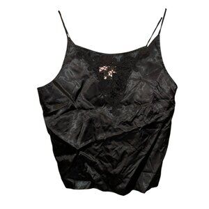 Lerner vintage black satin crochet knit trim camisole top L  42 bust  23 long